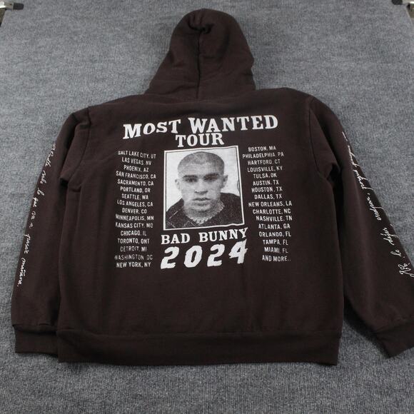 Bad Bunny Hoodie Large Most Wanted Tour 2024 Brown Made USA Pullover Concert - Picture 2 of 8
